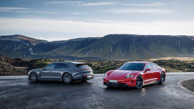 Grey 2025 Porsche Taycan GTS Sport Turismo next to a red 2025 Porsche Taycan GTS sedan