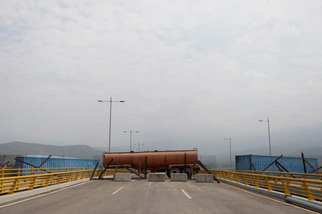 A fuel tanker blocks the vehicular passage on Tienditas International Bridge on Feb. 6.