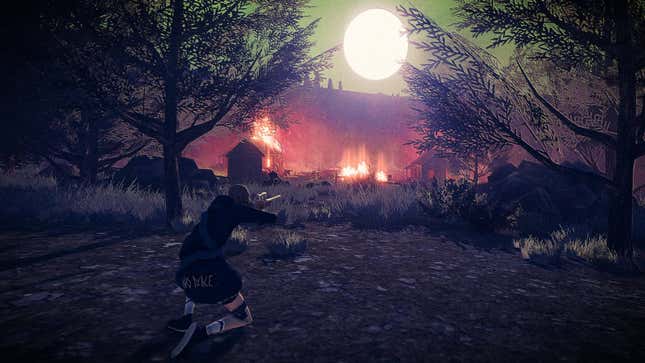 A screenshot of Children of the Sun showing The Girl taking aim at member of the Cult ahead of her.