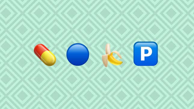 A pill emoji, a blue circle emoji, a banana emoji, and the emoji of the letter "P" in a blue square is shown.