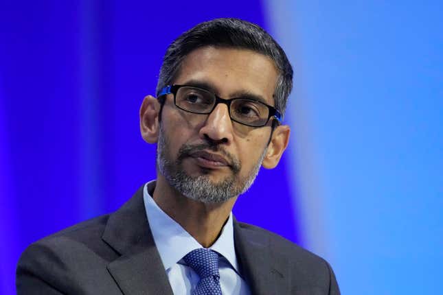 File - Sundar Pichai, CEO of Google and Alphabet, takes part in a discussion at the Asia-Pacific Economic Cooperation (APEC) CEO Summit Nov. 16, 2023, in San Francisco. A federal court jury is expected to begin its deliberations Monday, Dec. 11, 2023, in an antitrust trial focused on whether Google&#39;s efforts to thwart competition against its app store for Android smartphones has also been illegally gouging consumers and stifling innovation.(AP Photo/Eric Risberg, File)