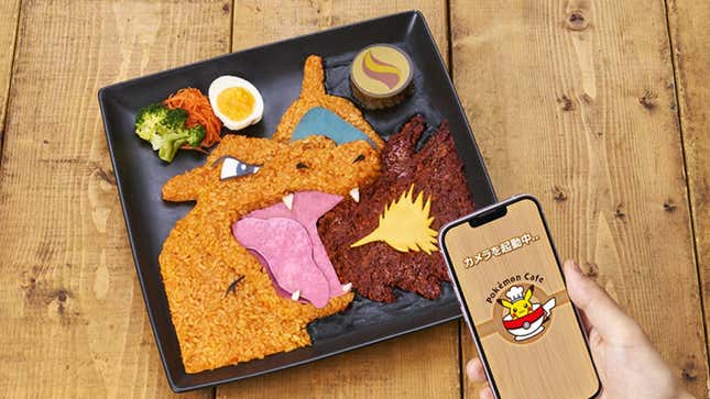 A Charizard curry, and a mobile phone ready to view it through an AR app.
