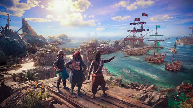 Trzej kapitanowie piratów stoją na brzegu morza i podziwiają swoje statki.