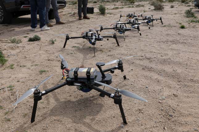 The HIVE unmanned aircraft system prepares to take flight during a human  machine integration experiment during Project Convergence – Capstone 4  at Fort Irwin, Calif., March 11, 2024. 