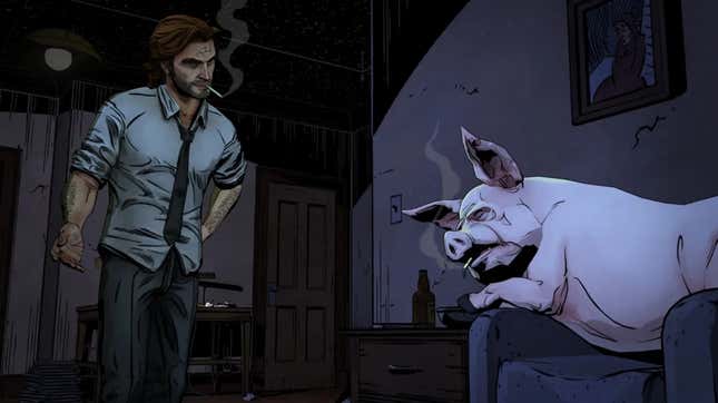 A screenshot of The Wolf Among us featuring Bigby Wolf and one of the Three Little Pigs. Both of them are smoking, and the pig is passed out on a couch.