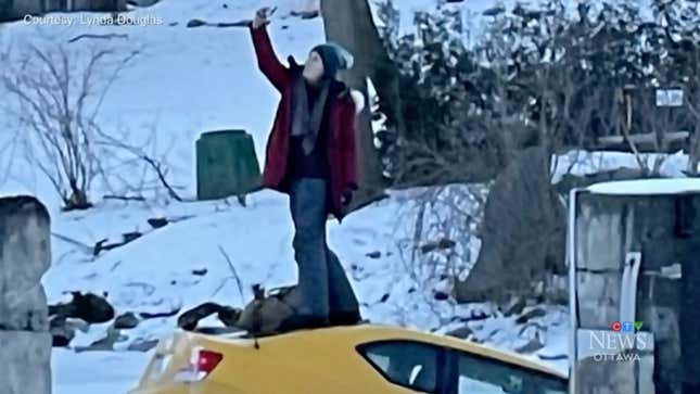 A woman snaps a selfie from the roof of her sinking car. 