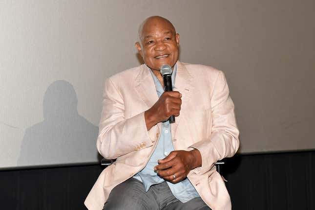  George Foreman speaks onstage during the Big George Foreman screening at Regal Atlantic Station on April 12, 2023 in Atlanta, Georgia.