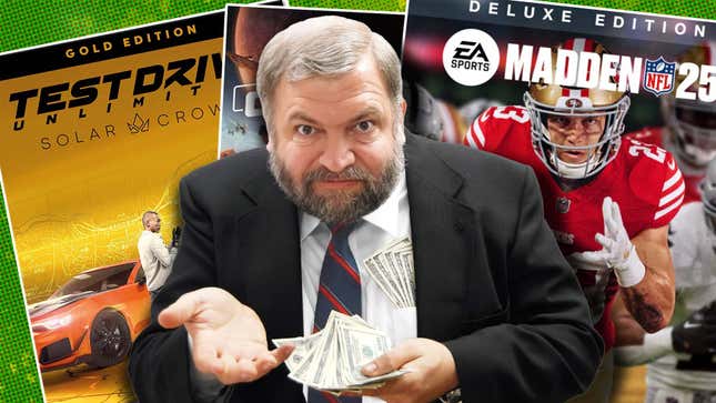 An image shows a greedy businessman taking more money and blocking access to games. 