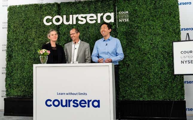 From left: Daphne Koller, Jeff Maggioncalda, and Andrew Ng.