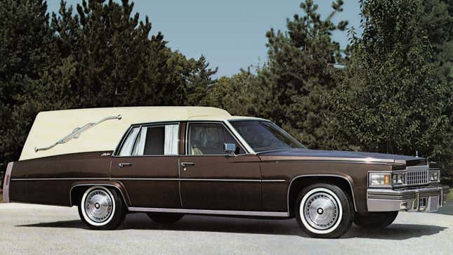 A photo of a brown Cadillac Miller Meteor hearse. 