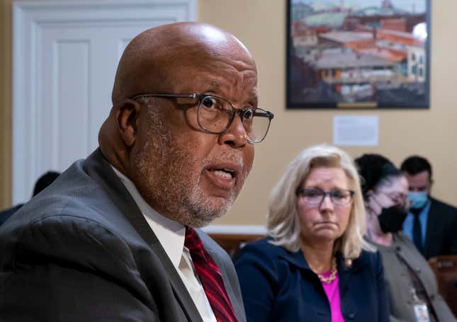 Chairman Bennie Thompson, D-Miss., and Vice Chair Liz Cheney, R-Wyo., of the House panel investigating the Jan. 6 U.S. Capitol insurrection, testify before the House Rules Committee seeking contempt of Congress charges against former President Donald Trump’s White House chief of staff Mark Meadows for not complying with a subpoena, at the Capitol in Washington, Tuesday, Dec. 14, 2021.