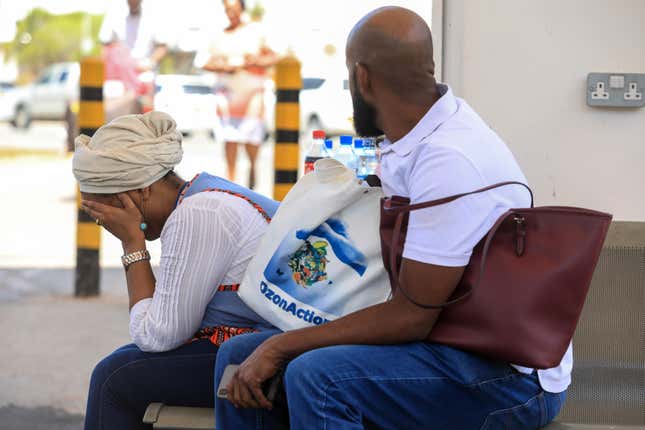 A Djiboutian national Hiba (L) is comforted by a relative as she waits for details of her loved one that was on board the flight Ethiopian Airlines Flight 302, at the Jomo Kenyatta International Airport (JKIA) in Nairobi, Kenya, 10 March 2019. Ethiopian Airlines Boeing 737 en route to Nairobi, Kenya, crashed near Bishoftu, some 50km outside of the capital Addis Ababa, Ethiopia, on 10 March 2019, the airline said in its statement. All passengers onboard the scheduled flight ET 302 carrying 149 passengers and 8 crew members, have died, the airlines says.