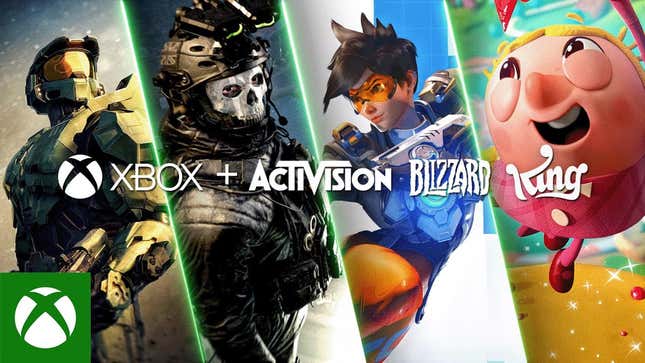 Master Chief, Ghost, Tracer und Tiffi werden hinter einem Text mit der Aufschrift „Xbox + Activision Blizzard King“ angezeigt.