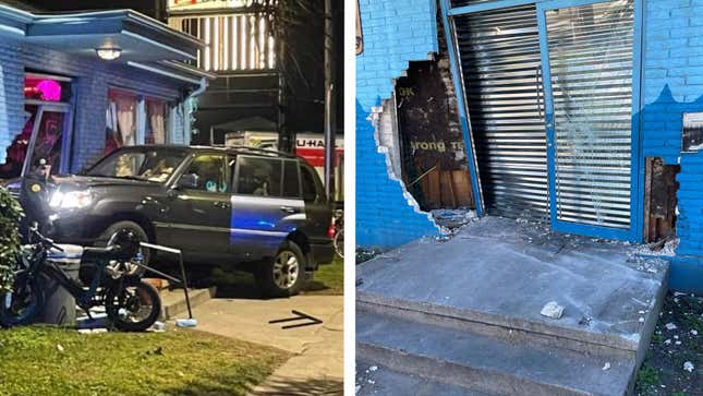 A crashed SUV stuck inside the front doors of the arcade and the damaged doors seen in the morning. 