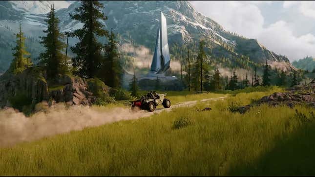 The Warthog ATV drives through a field in the game Halo