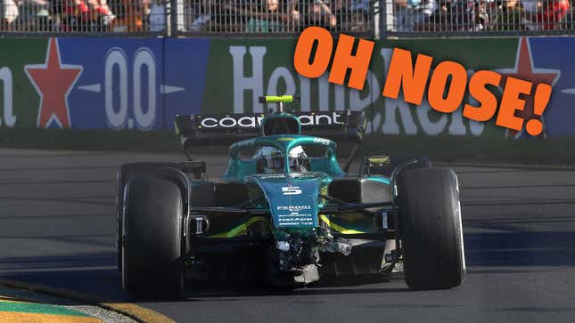 A photo of Sebastian Vettel's Aston Martin F1 car after a crash. 