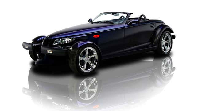 A photo of a purple Chrysler Prowler convertible. 