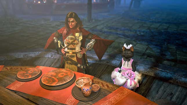 A hunter in the Guild Cross Alpha Set finishes a meal alongside their Palico.