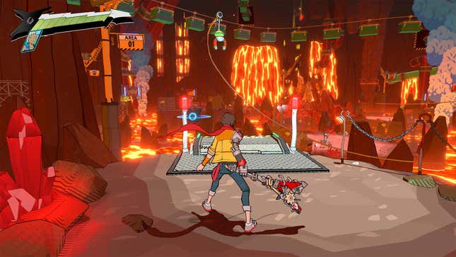 The protagonist of Hi-Fi Rush weilds a guitar-like weapon while staring out at a map with lava.