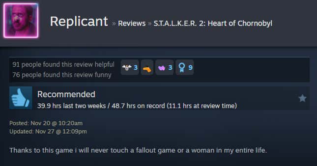 A screenshot shows a Steam user review for Stalker 2.