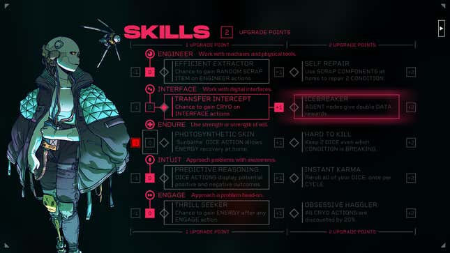 A robot stares at a skill screen in Citizen Sleeper, one of the best games of 2022.