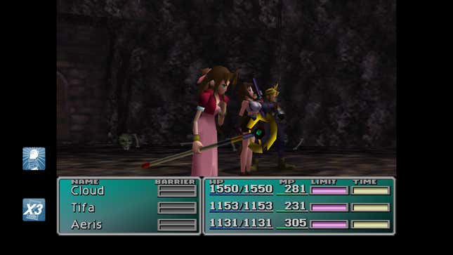 Aerith, Tifa and Cloud celebrate after winning a battle.