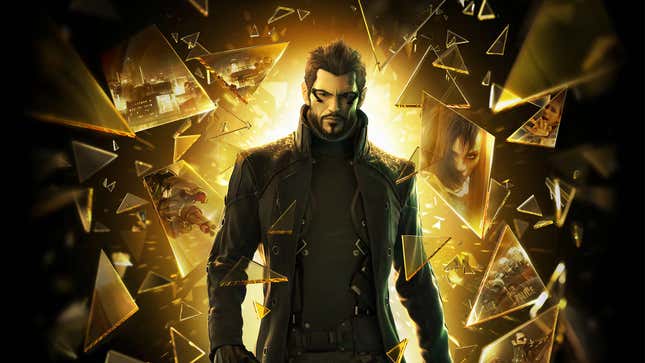 Adam Jensen walks through shattered glass.