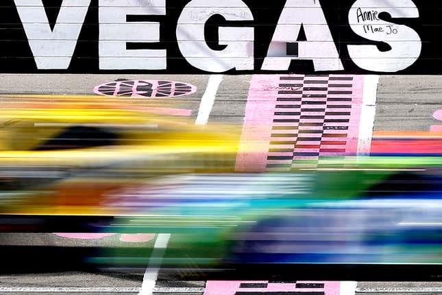 A general view of racing during the NASCAR Cup Series South Point 400 at Las Vegas Motor Speedway on October 16, 2022 in Las Vegas, Nevada.