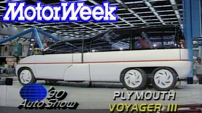 a screenshot of a motorweek retro video of the 1990 auto show coverage and the plymouth voyager III concept