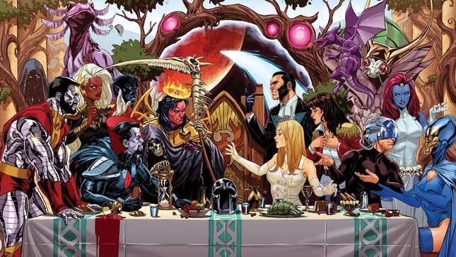 The cover of Immortal X-Men #1, drawn by Mark Brooks and featuring the comic's cast of mutants sitting at a dinner table. 