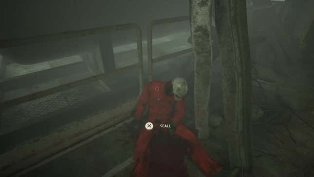 The player looks down at a dead body sitting against a railing.