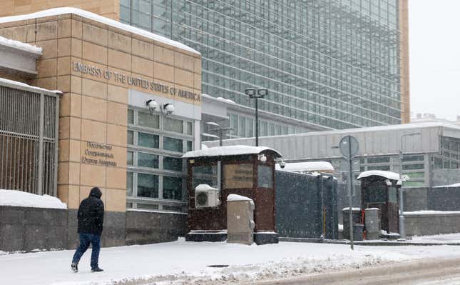 A view of the U.S. Embassy on Novinsky Boulevard on the day Russia’s Foreign Minister Sergei Lavrov and U.S. Secretary of State Antony Blinken are scheduled to meet for security talks in Geneva.