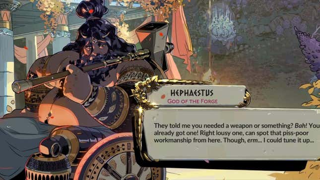 Hephaestus sits in a wheelchair and holds a hammer while speaking.
