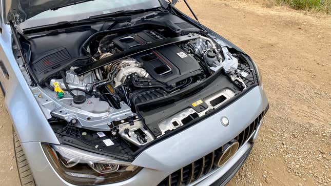 An underhood shot of the hand built e-turbocharged 2.0-liter in the C63 S