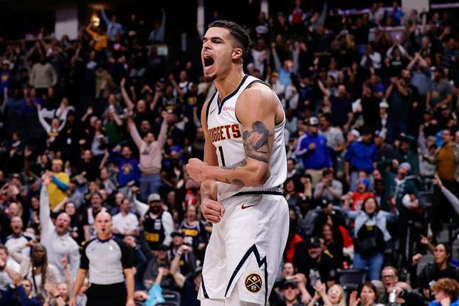 Nov 6, 2023; Denver, Colorado, USA; Denver Nuggets forward Michael Porter Jr. (1) reacts after a play in the fourth quarter against the New Orleans Pelicans at Ball Arena.