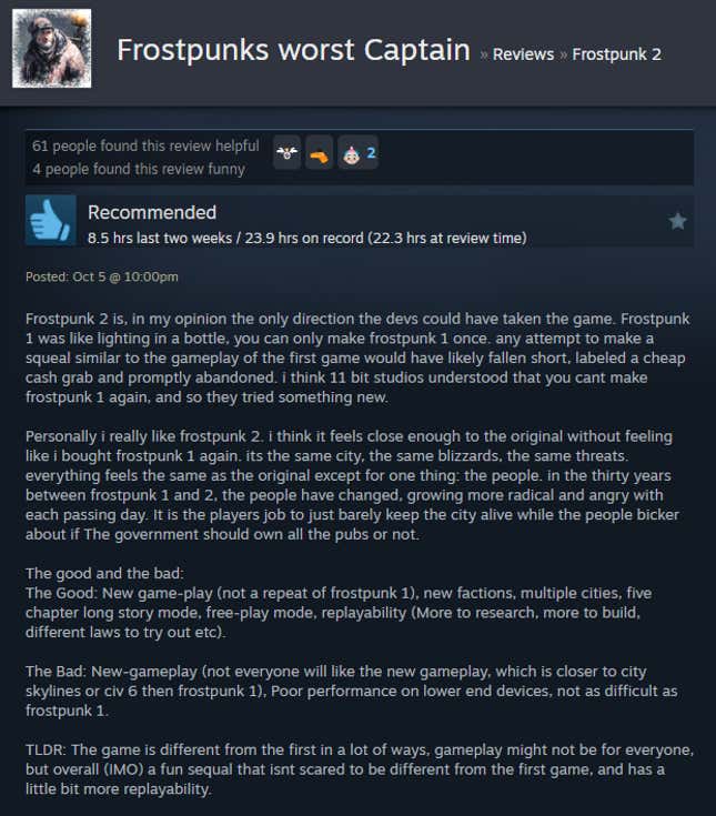 Image for article titled Frozen City Builder Frostpunk 2, As Told By Steam Reviews