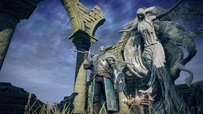 A knight stands before a statue.