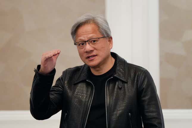 Nvidia CEO and co-founder Jensen Huang attends a media round table event at a hotel in Kuala Lumpur, Malaysia Friday, Dec. 8, 2023. (AP Photo/Vincent Thian)