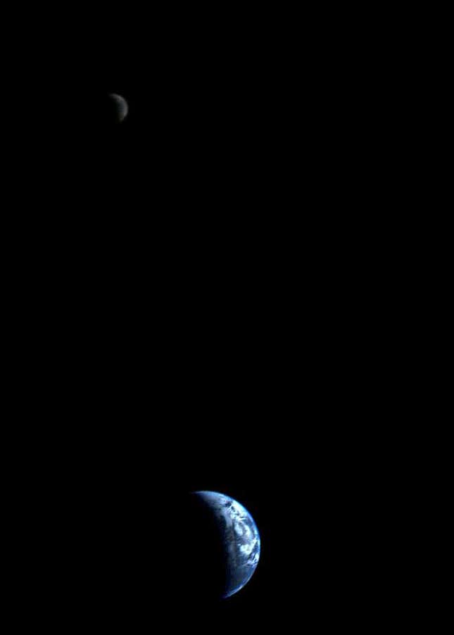 Our crescent Earth and moon in the first picture of its kind ever captured by a spacecraft. Taken on Sept. 18, 1977, 7 million miles (12 million km) away from Earth.