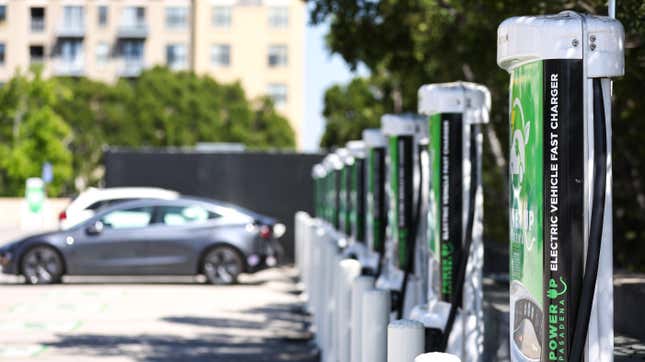 A row of EV chargers goes mostly unused in Pasadena, California.