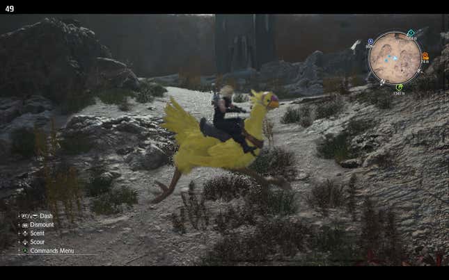 A screenshot of Final Fantasy VII: Rebirth on the Steam Deck. Cloud is riding on a chocobo. 