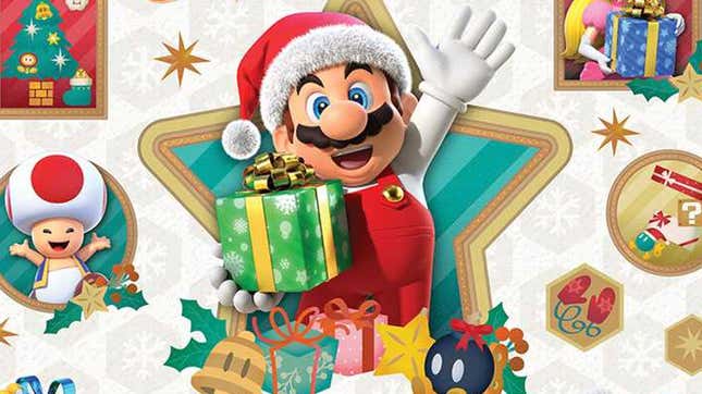 Mario holds a Christmas present. 