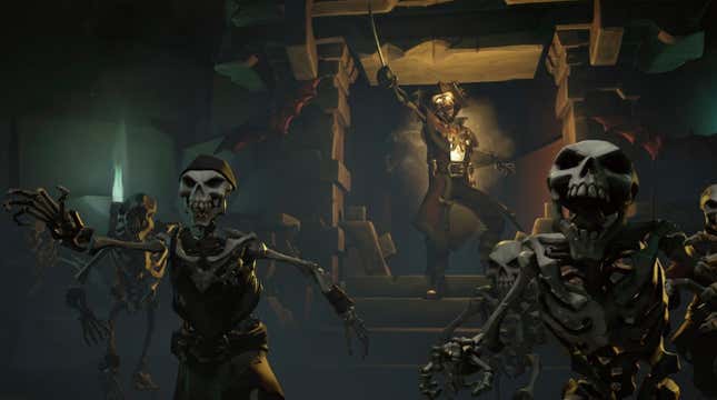 Skeleton pirates approach the camera.