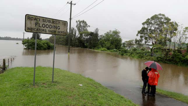 Three men shelter under an umbrella near a flooded road as rain falls in Windsor, northwest of Sydney.