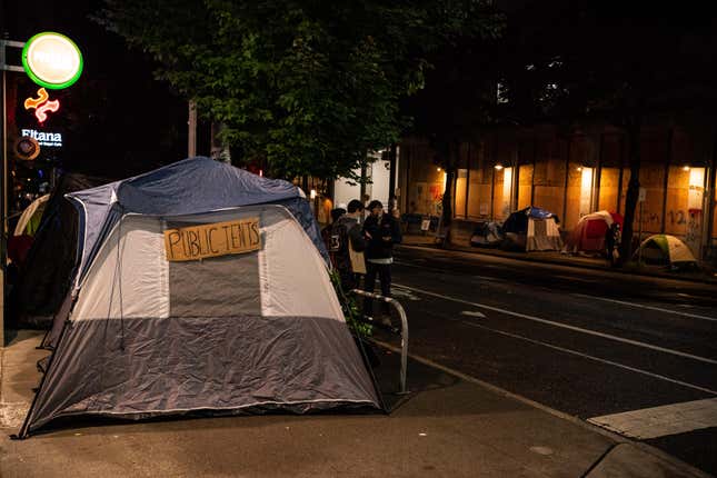 SEATTLE, WA - JUNE 09: Tents are seen outside of the Seattle Police Departments East Precinct on June 9, 2020 in Seattle, Washington.