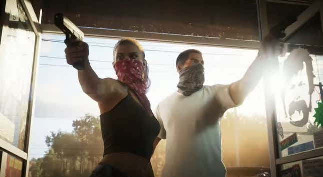 A screenshot of the official GTA 6 trailer shows a man and a woman robbing a store.