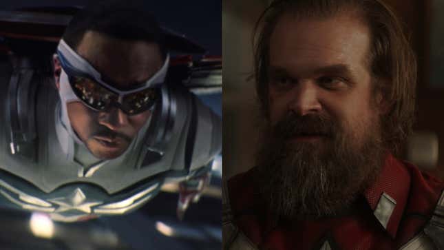 Anthony Mackie in costume as Captain America; David Harbour in costume as Red Guardian.