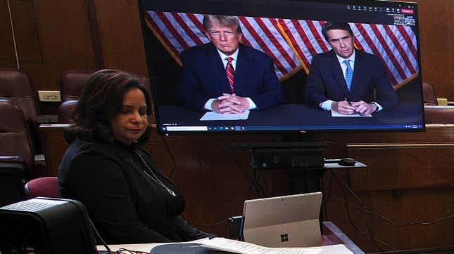 Former U.S. President Donald Trump appears by video conferencing before Justice Juan Merchan during a hearing regarding the criminal case against him over a hush money payment to porn star Stormy Daniels, in Manhattan state court in New York City, U.S. May 23, 2023.