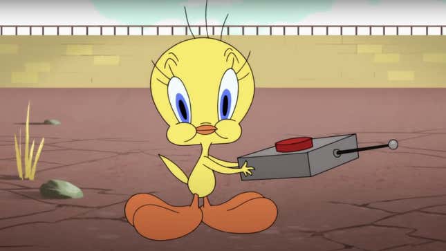 Tweety Bird holds a detonator while looking innocent as can be.