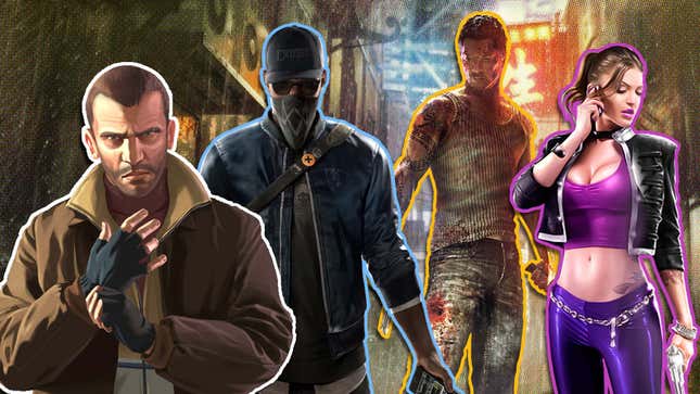 A group of characters from multiple GTA-like games, including Watch Dogs, standing together. 